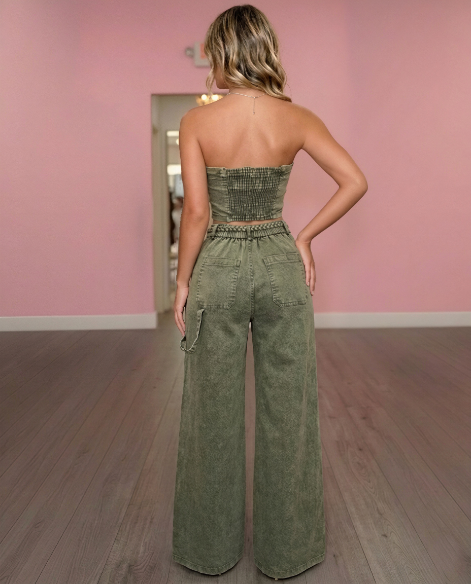Olive Denim Strapless Top & Wide Leg Pants Set – Two Piece Chic Outfit