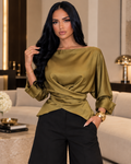 Olive Satin Draped Wrap Blouse – Elegant Long Sleeve Top