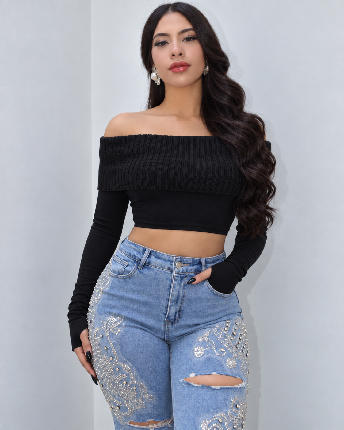 Allure Off-Shoulder Knit Top – Black