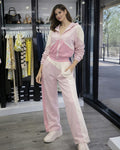 Pink Two Piece Set Zip Front Top And Wide Leg Pants Stretchy Comfort Fit For All Day Wear