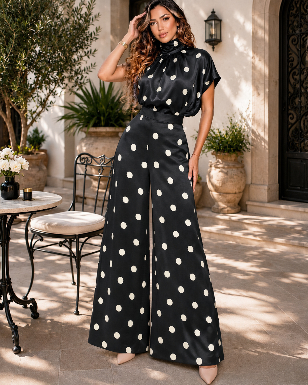 Midnight Polka Dot Palazzo Pant Set