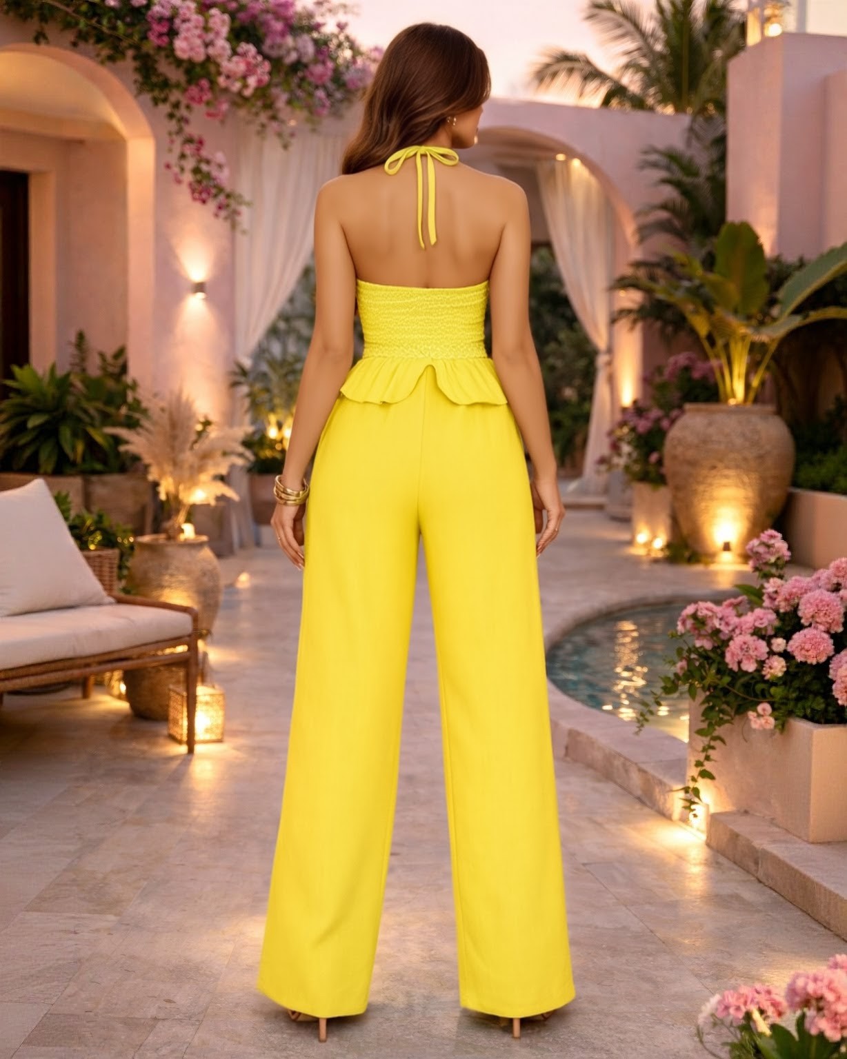 Butter Yellow Linen Halter Jumpsuit with Smocked Bodice – Elegant Wide-Leg Resort Outfit