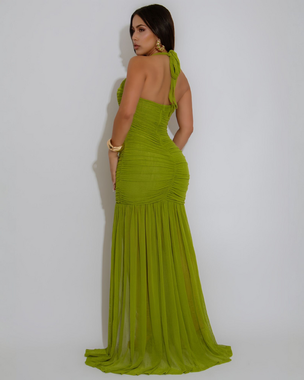 Sprout In Spring Ruched Mesh Gown Dress Green