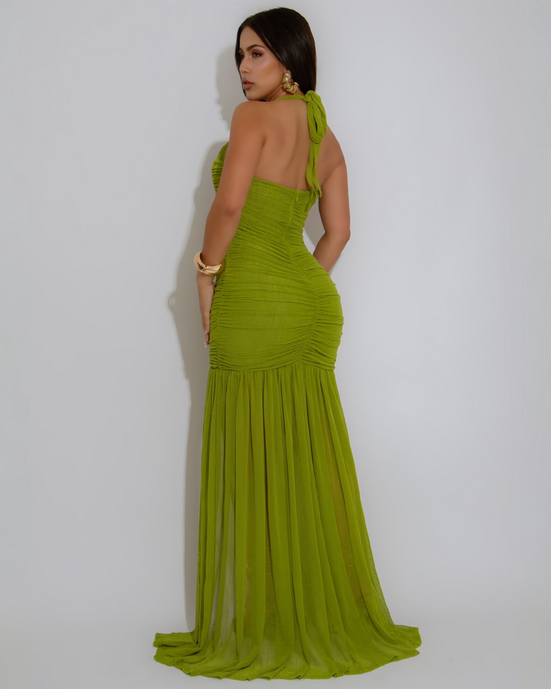 Sprout In Spring Ruched Mesh Gown Dress Green