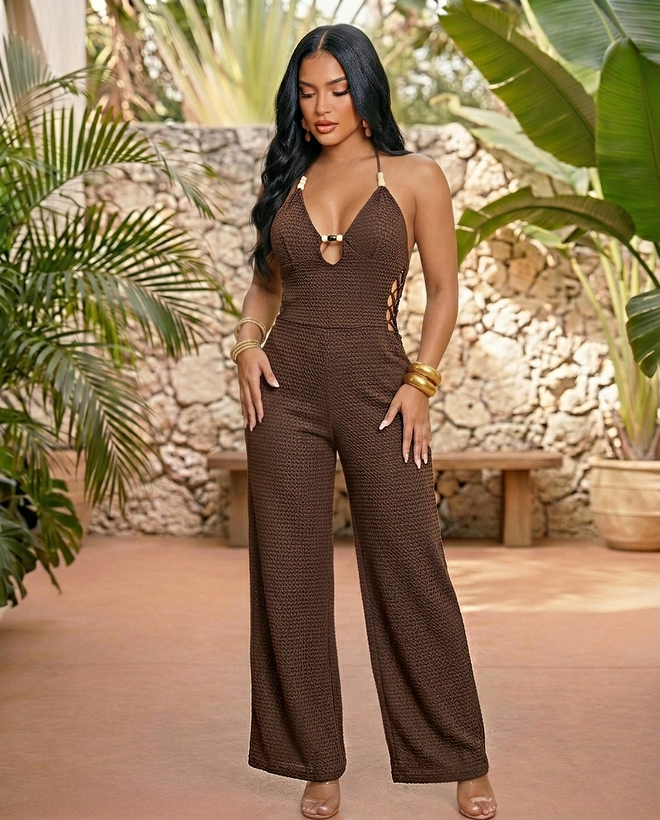 Camila Chocolate Textured Halter Wide-Leg Jumpsuit