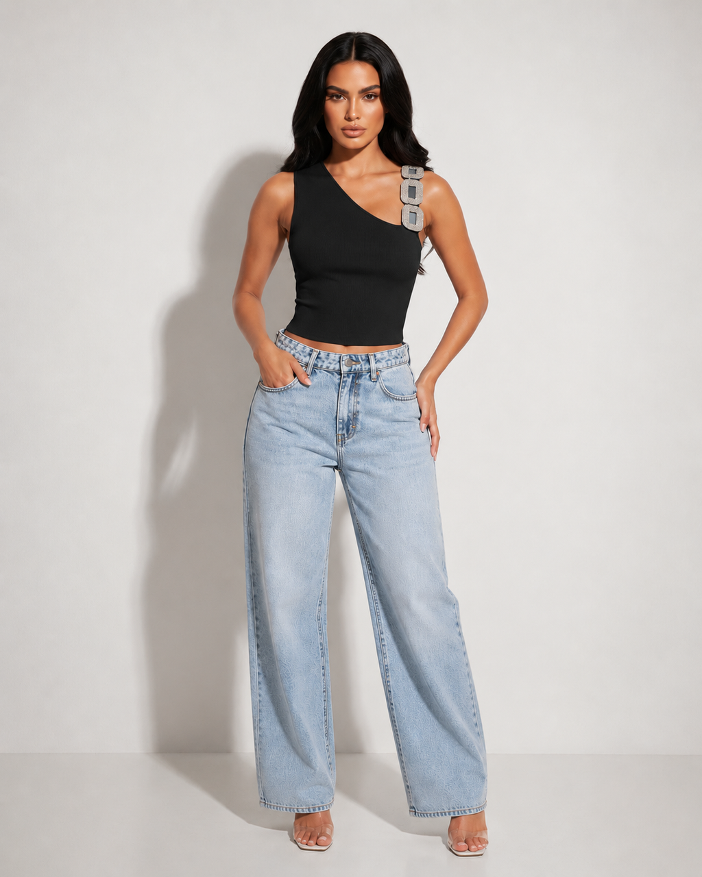 Black One Shoulder Ribbed Top with Rhinestone Strap – Resort Chic Statement Top