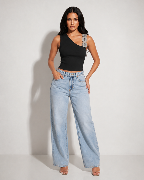 Black One Shoulder Ribbed Top with Rhinestone Strap – Resort Chic Statement Top