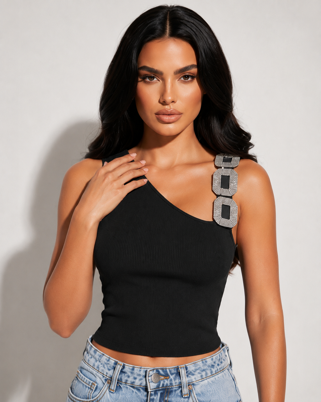 Black One Shoulder Ribbed Top with Rhinestone Strap – Resort Chic Statement Top