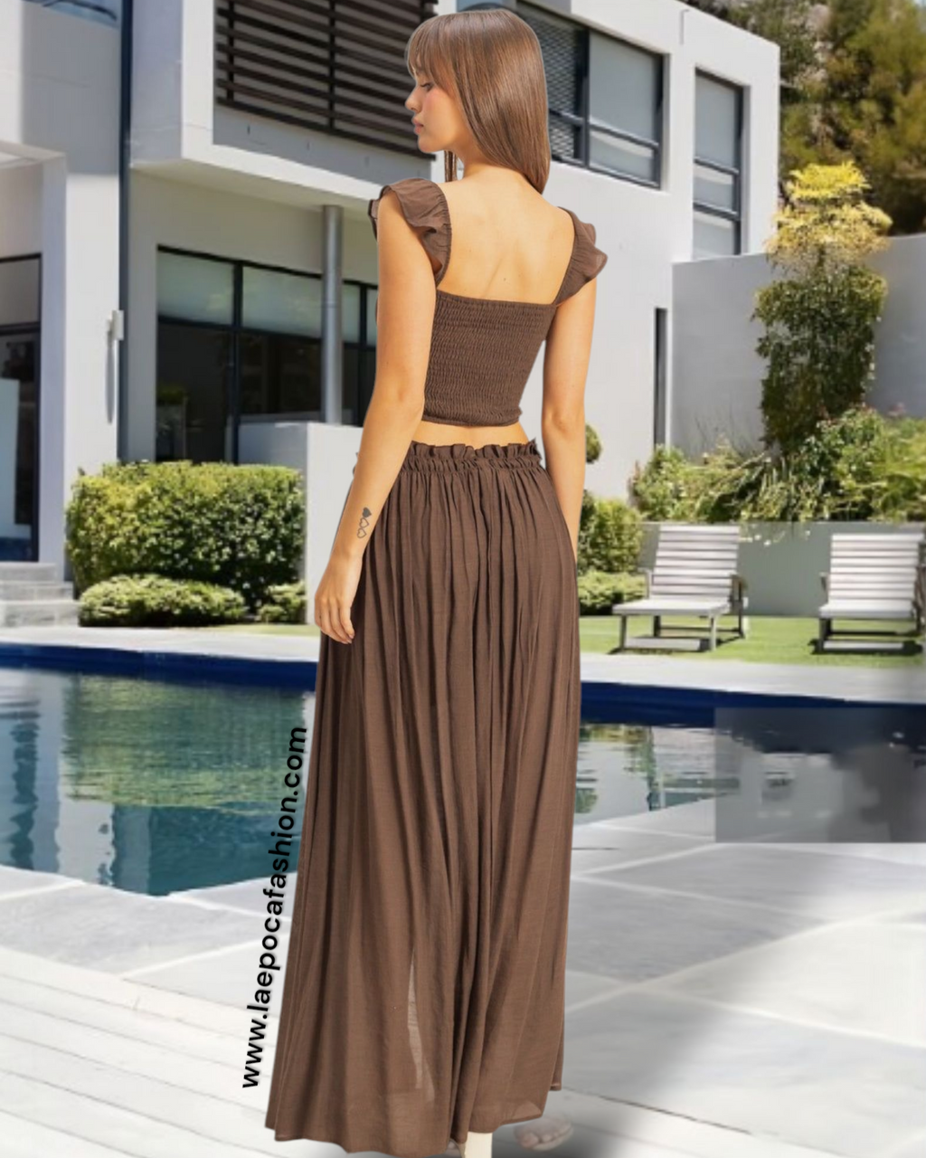 Boho Cocoa Smocked Top And Button Down Maxi Skirt Two Piece Set Chiffon Off Shoulder Look