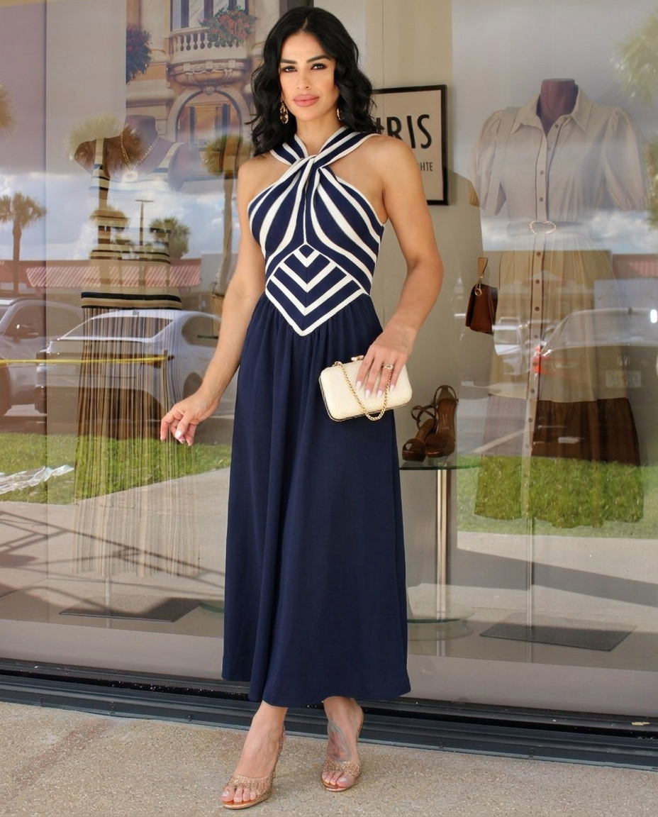 Capri Nautical Maxi Dress – Navy Striped Halter Open Back Dress