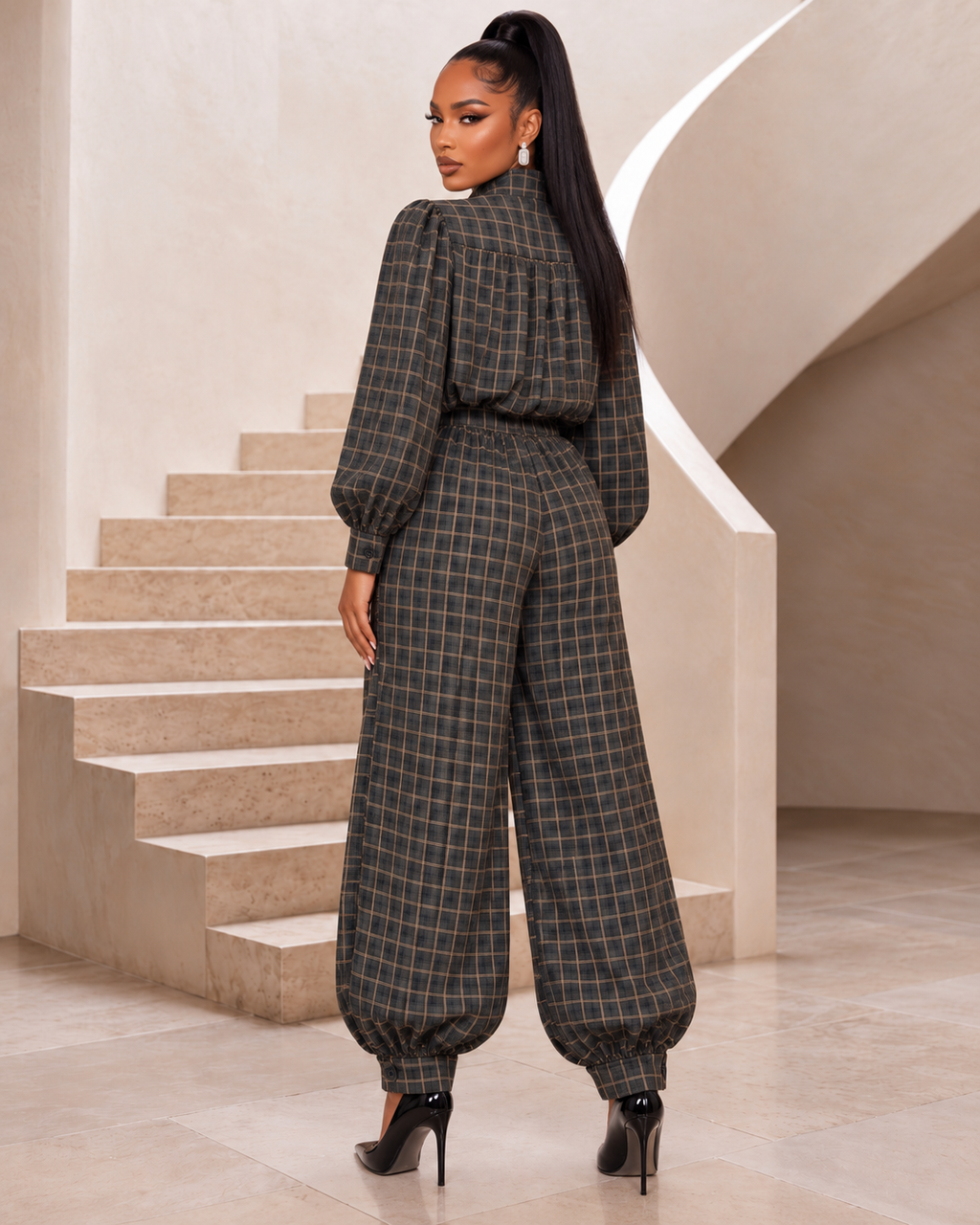Charcoal Plaid High-Neck Blouse & Balloon Pants Set