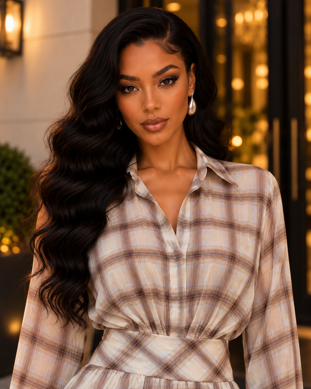 Soft Shimmer Plaid Organza Ruffle Mini Dress