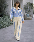Azurea Light Blue Two Piece Set Zip Front Top and Wide Leg Pants - Ultra Stretch Comfort for All Day Wear