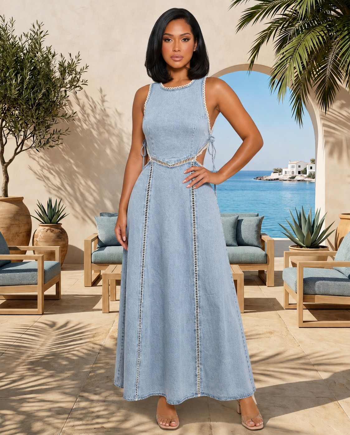 Summer Light Wash Denim Cutout Midi Dress