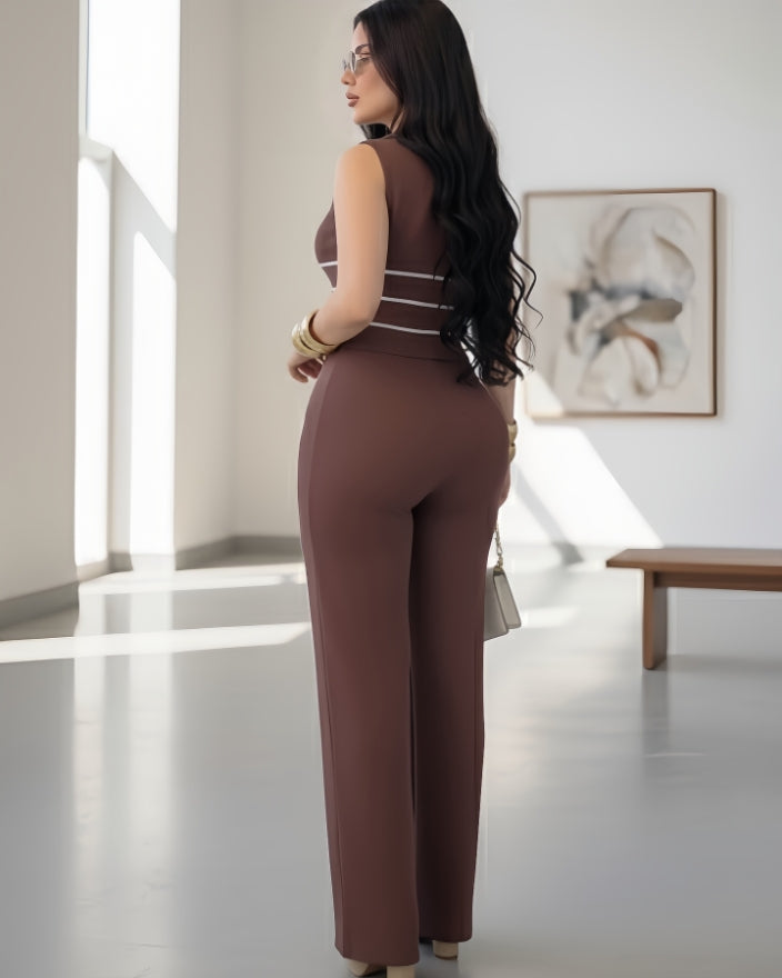 Mocha Wide-Leg Pants Set with Contrast Trim