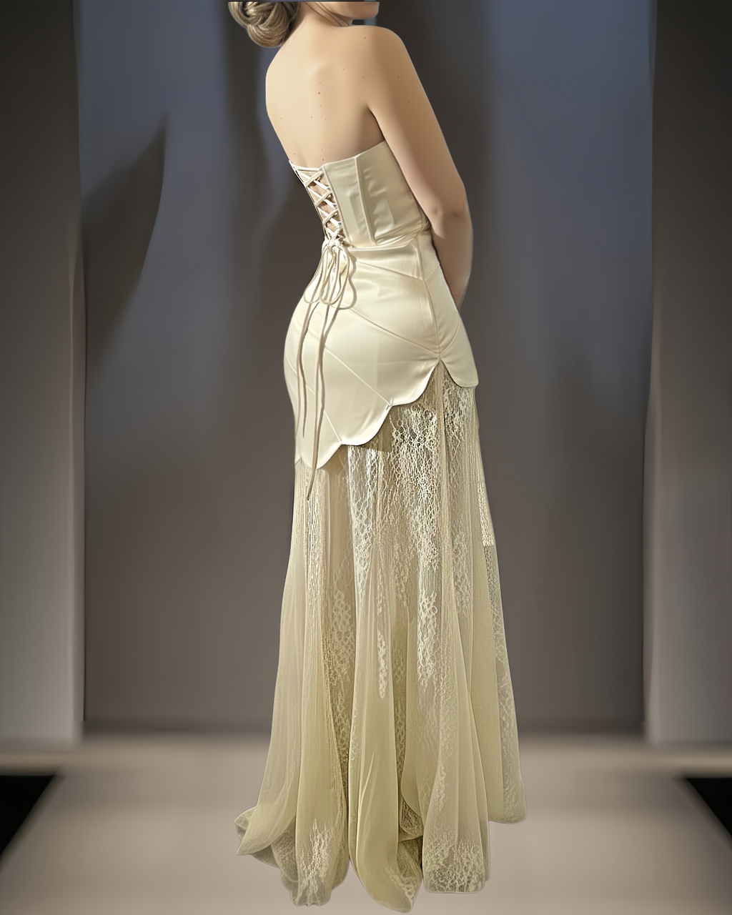 Elegant Ivory Strapless Maxi Dress with Lace Skirt