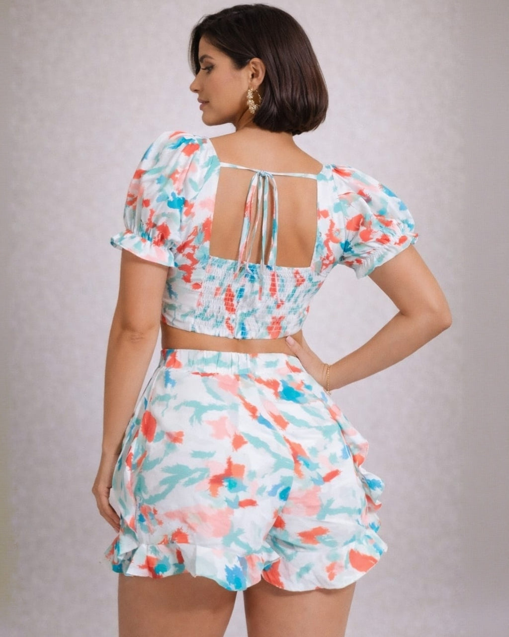 Tie-Dye Two-Piece Short Set with Puff Sleeve Crop Top & Ruffle Shorts