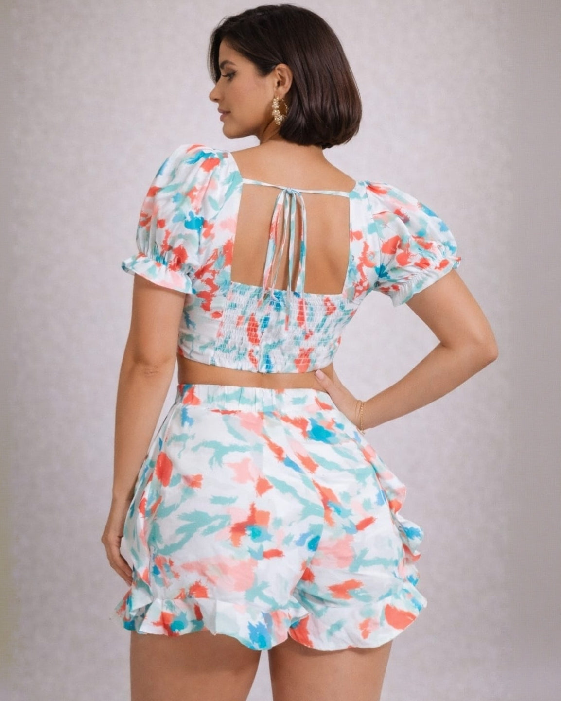 Tie-Dye Two-Piece Short Set with Puff Sleeve Crop Top & Ruffle Shorts