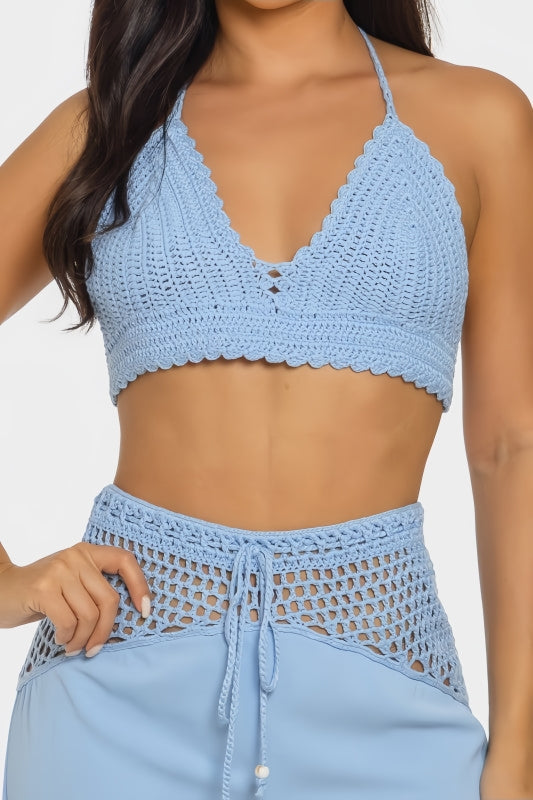 Blue Crochet Halter Top and Pants Set for Women Beachwear Two Piece Outfit 100 Percent Crochet No Stretch
