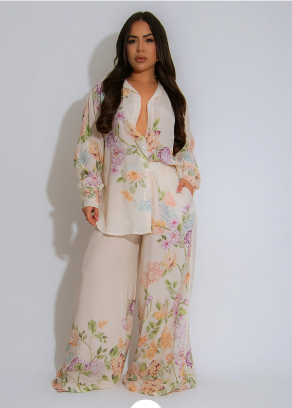 Garden View Floral Pant Set Nude