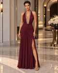Burgundy Crystal Halter Ruched Mesh Maxi Dress