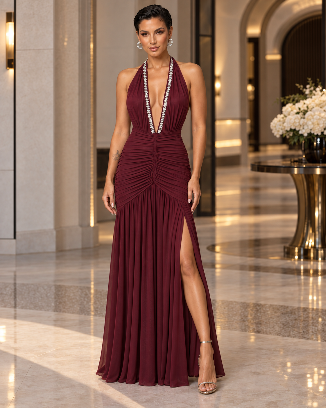Burgundy Crystal Halter Ruched Mesh Maxi Dress