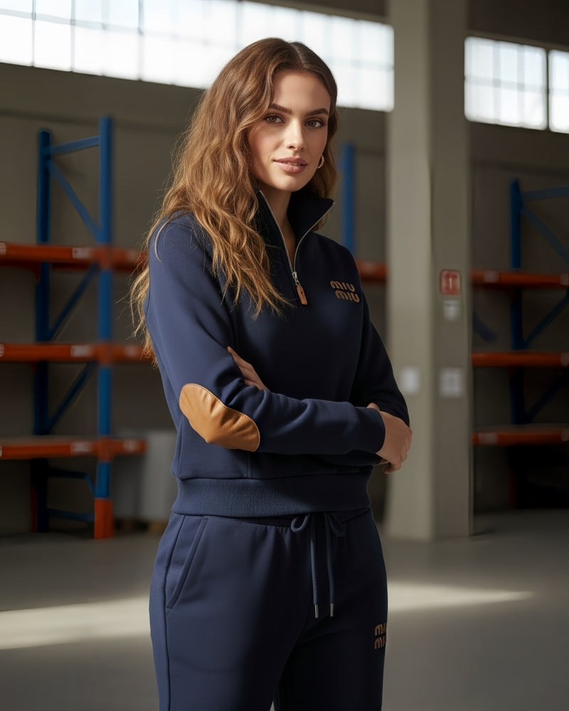 Amaya Navy Blue Luxury Tracksuit Set – Zip-Up Top & Wide-Leg Pants