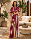 Red Wine Striped Tie-Front Wide Leg Pants Set