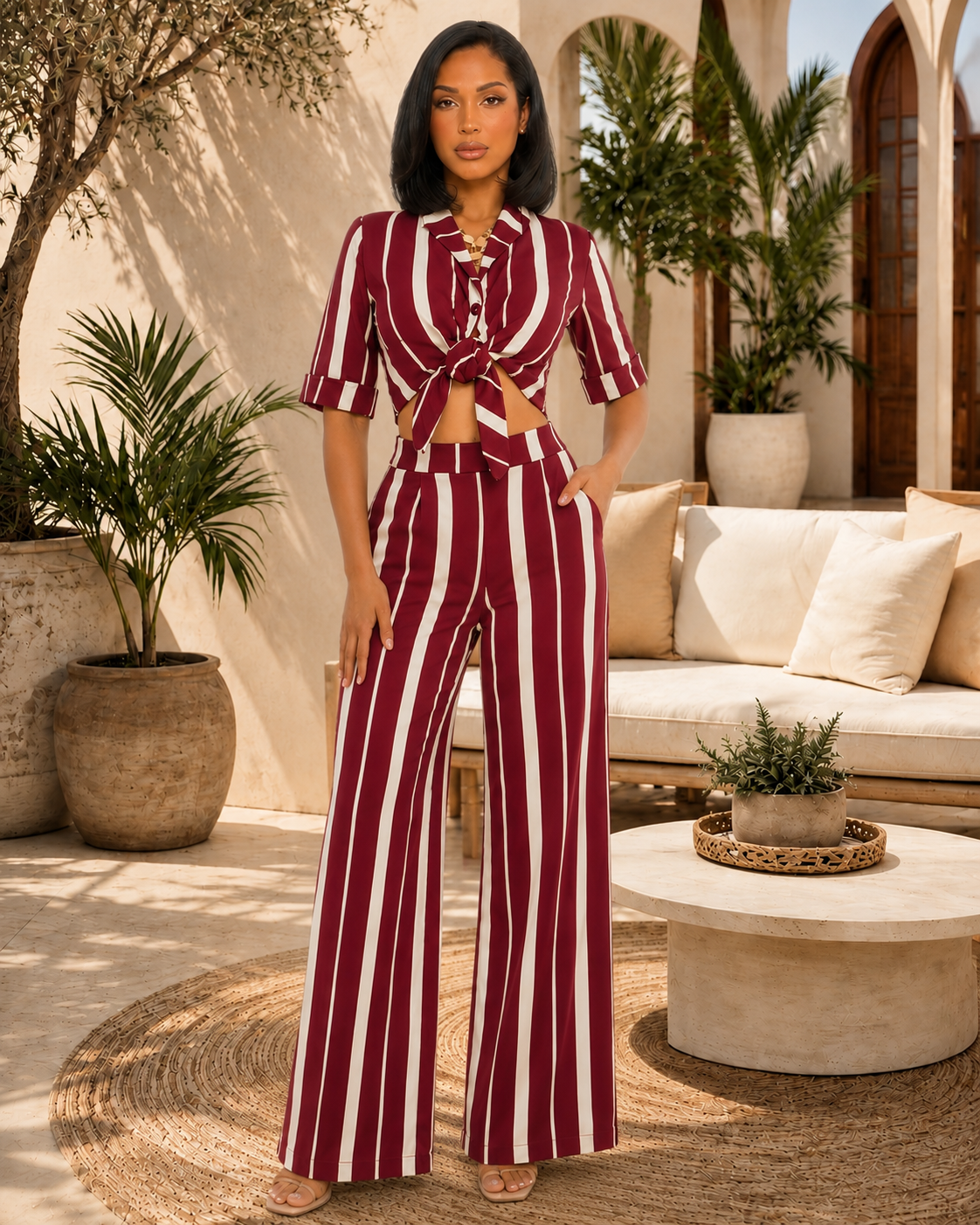 Red Wine Striped Tie-Front Wide Leg Pants Set