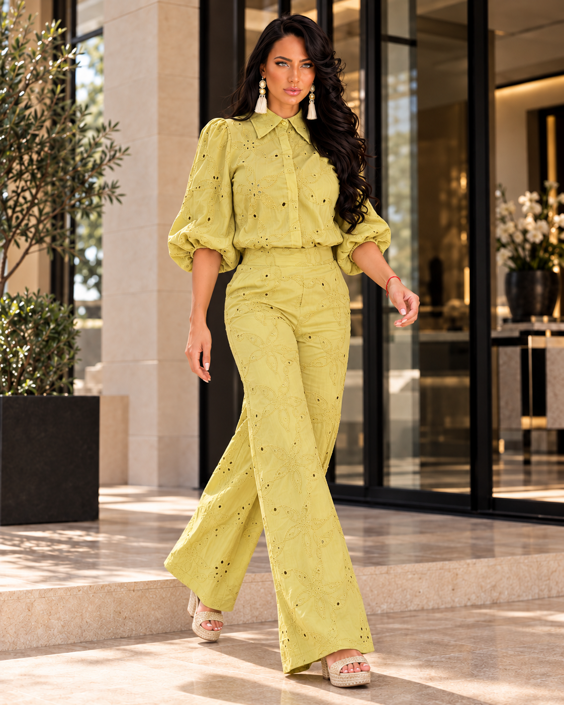 Eyelet Embroidered Wide-Leg Set – Chartreuse