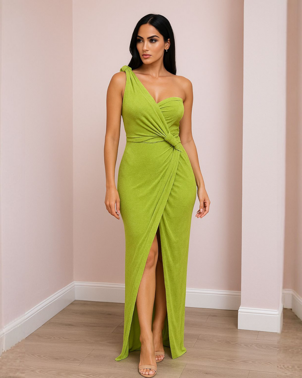 LuxeLine One-Shoulder Knot Lime Dress - Stretchy Mesh Comfort For Effortless Chic