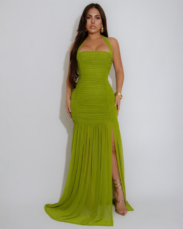 Sprout In Spring Ruched Mesh Gown Dress Green