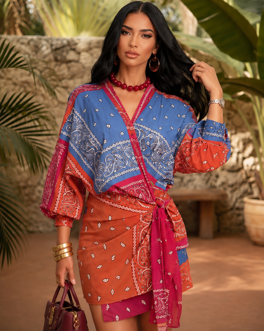 Wine Multicolor Bandana Print Wrap Mini Dress