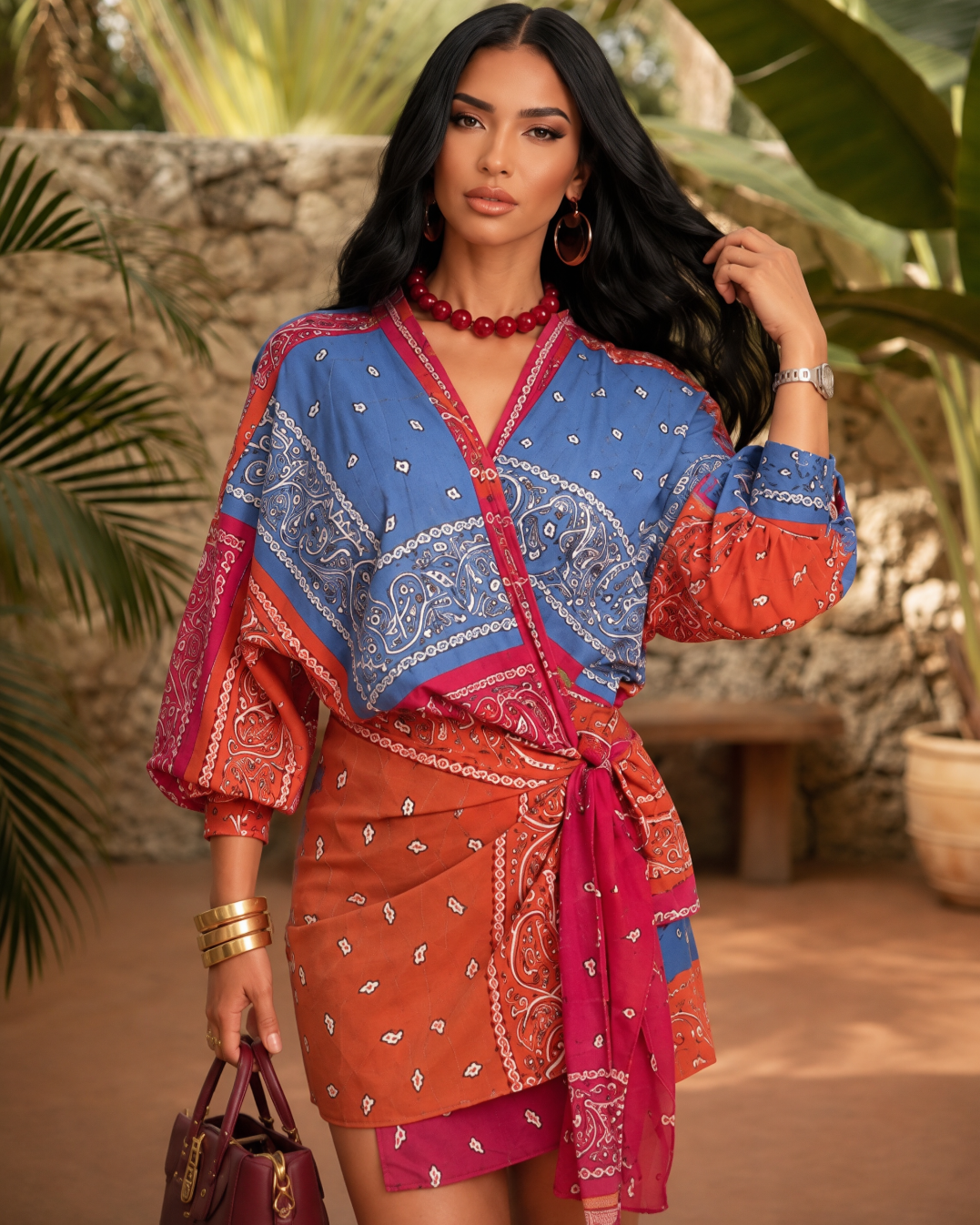 Wine Multicolor Bandana Print Wrap Mini Dress