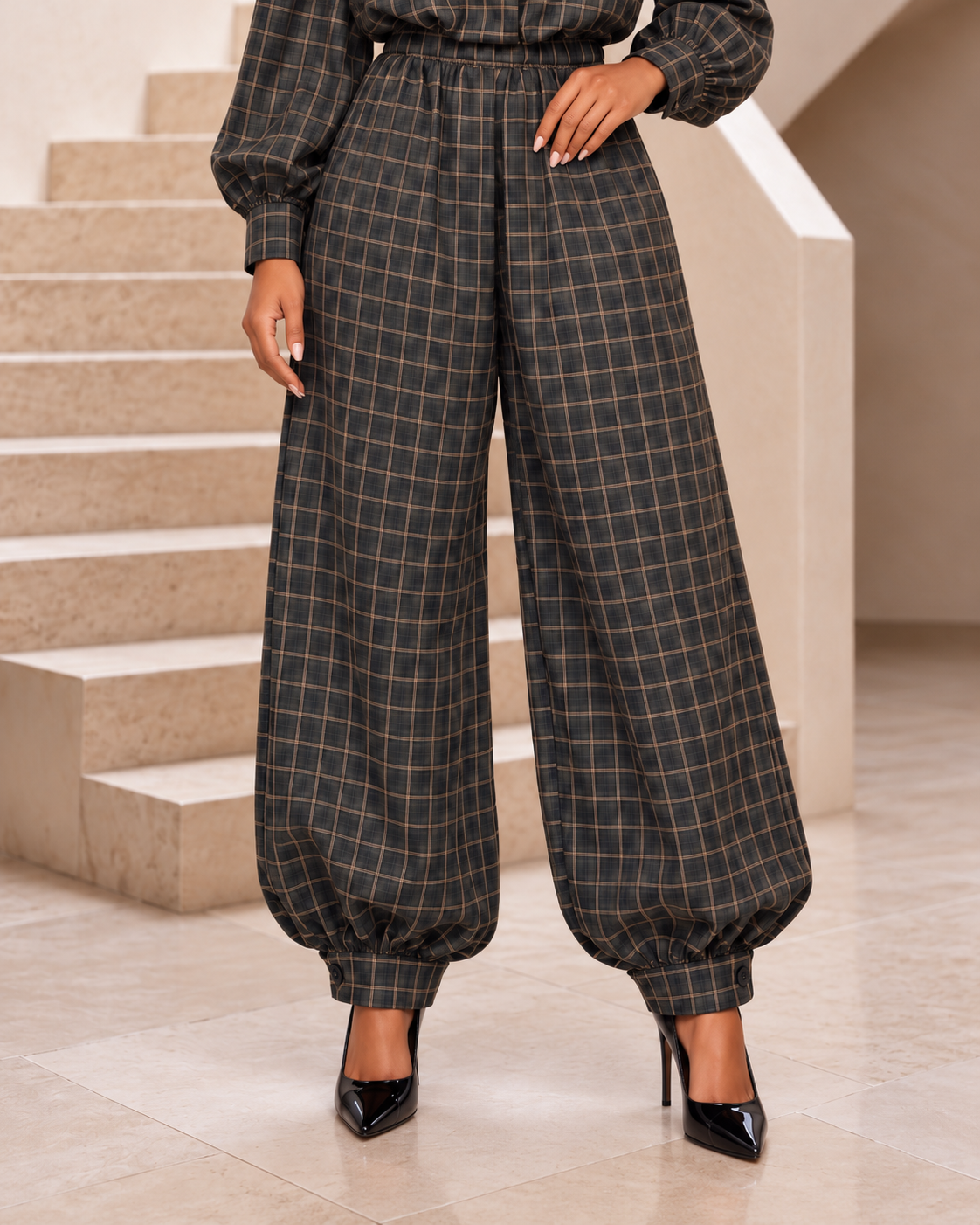 Charcoal Plaid High-Neck Blouse & Balloon Pants Set