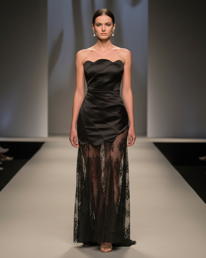 Elegant Black Strapless Maxi Dress with Lace Skirt