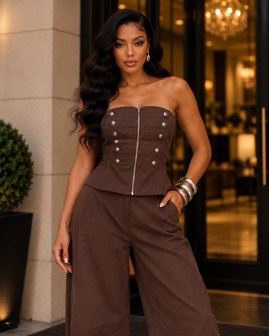 Chocolate Brown Strapless Stretch Denim Jumpsuit – Silver Button Detail