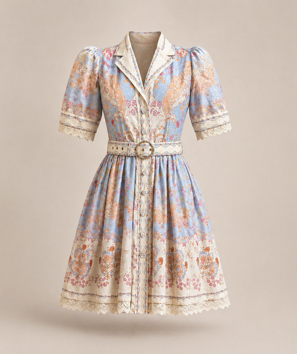 Vintage Style Printed Dress with Belt – Blue Beige Chic Mini Dress