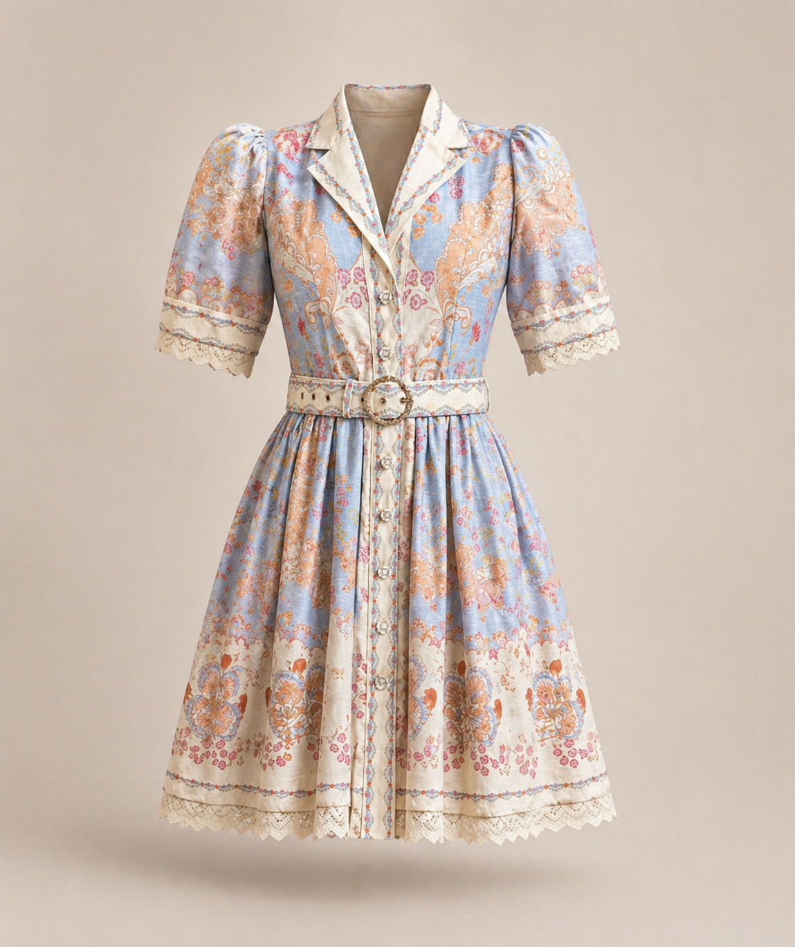 Vintage Style Printed Dress with Belt – Blue Beige Chic Mini Dress