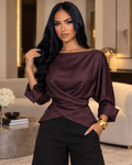 Burgundy Satin Draped Wrap Blouse – Elegant Long Sleeve Top