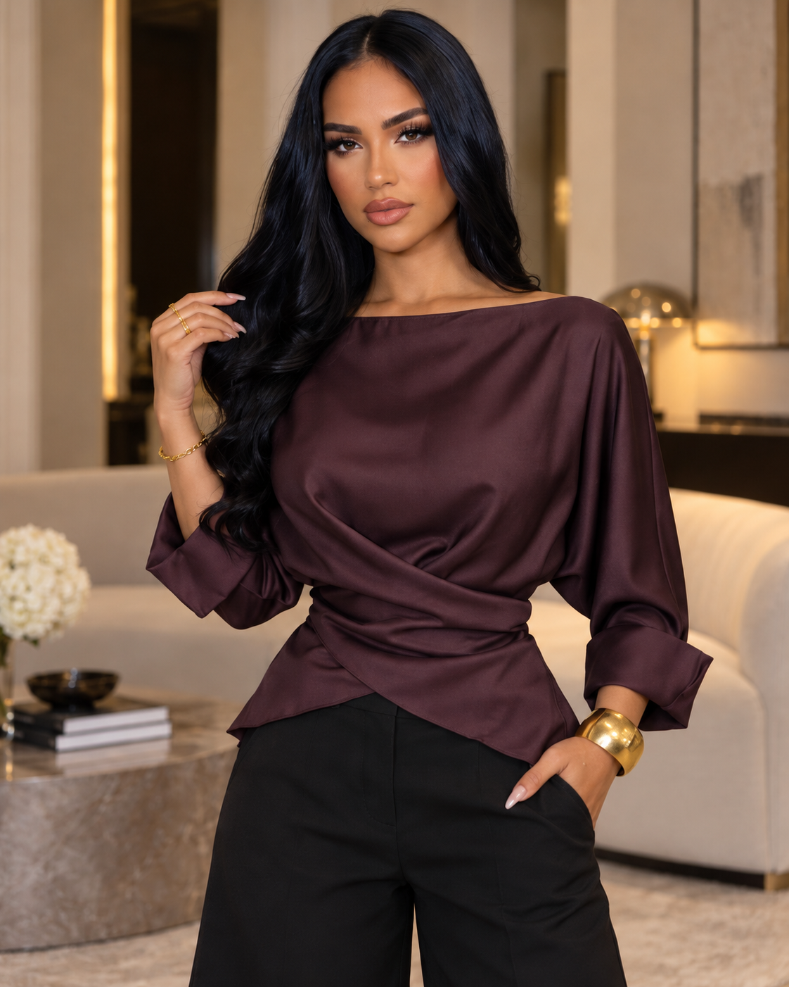 Burgundy Satin Draped Wrap Blouse – Elegant Long Sleeve Top