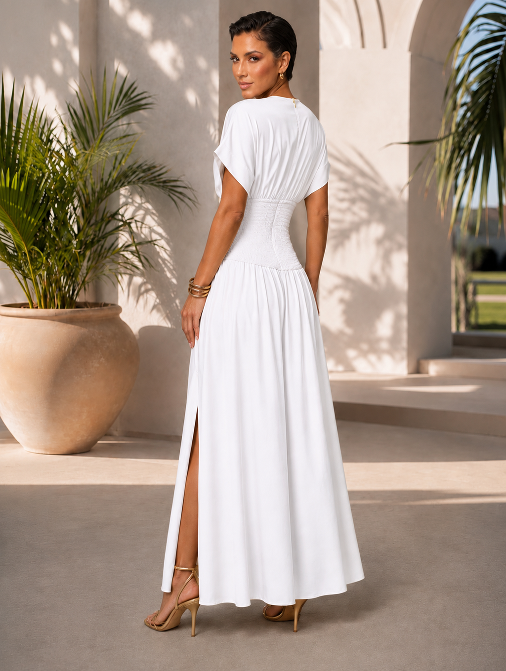 White Smocked Waist Maxi Dress with Flutter Sleeves