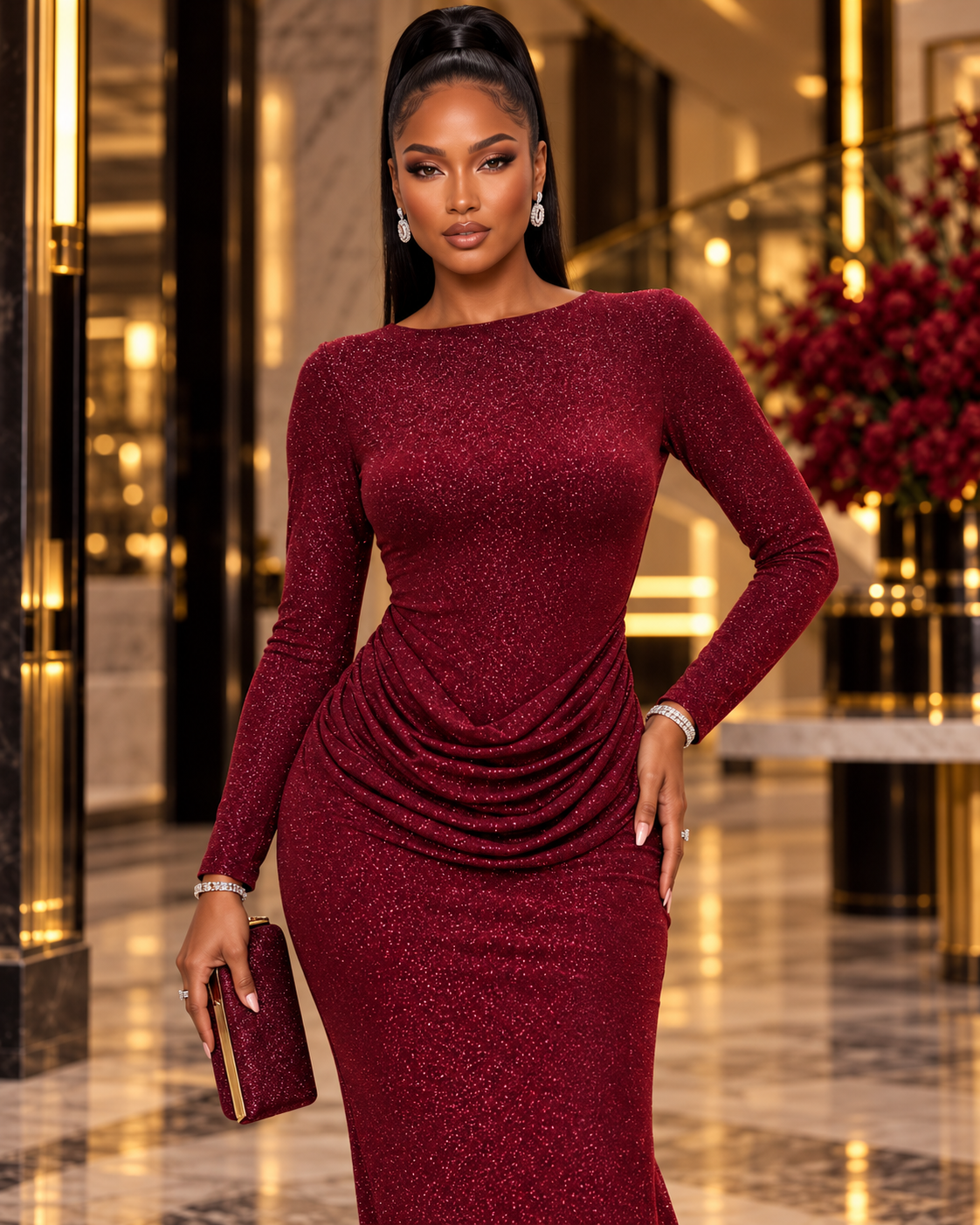 Bordeaux After Dark – Shimmer Draped Maxi Dress