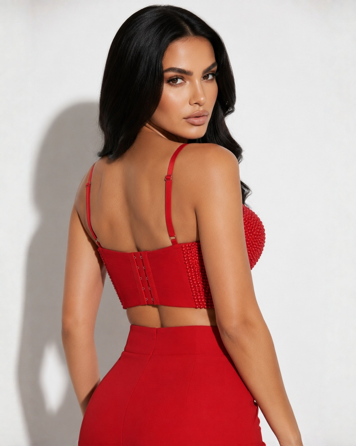 We all Love This Time Pearl Embellished  Corset Red