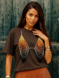 Brown Oversized Cotton Tee with Hand-Beaded Statement Design