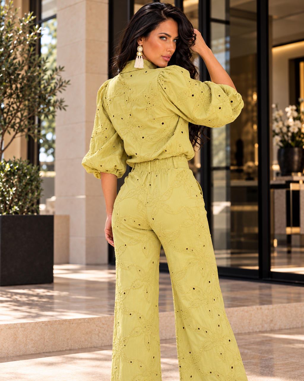Eyelet Embroidered Wide-Leg Set – Chartreuse