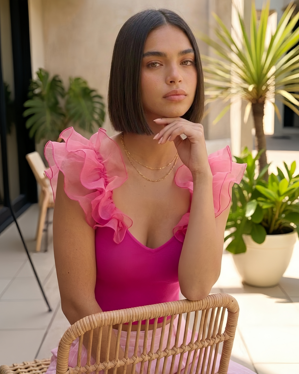 LuxeLine Fuchsia Ruffle Sleeve Knit Top - Elegant Fitted Silhouette With Delicate Ruffle Shoulder Detail