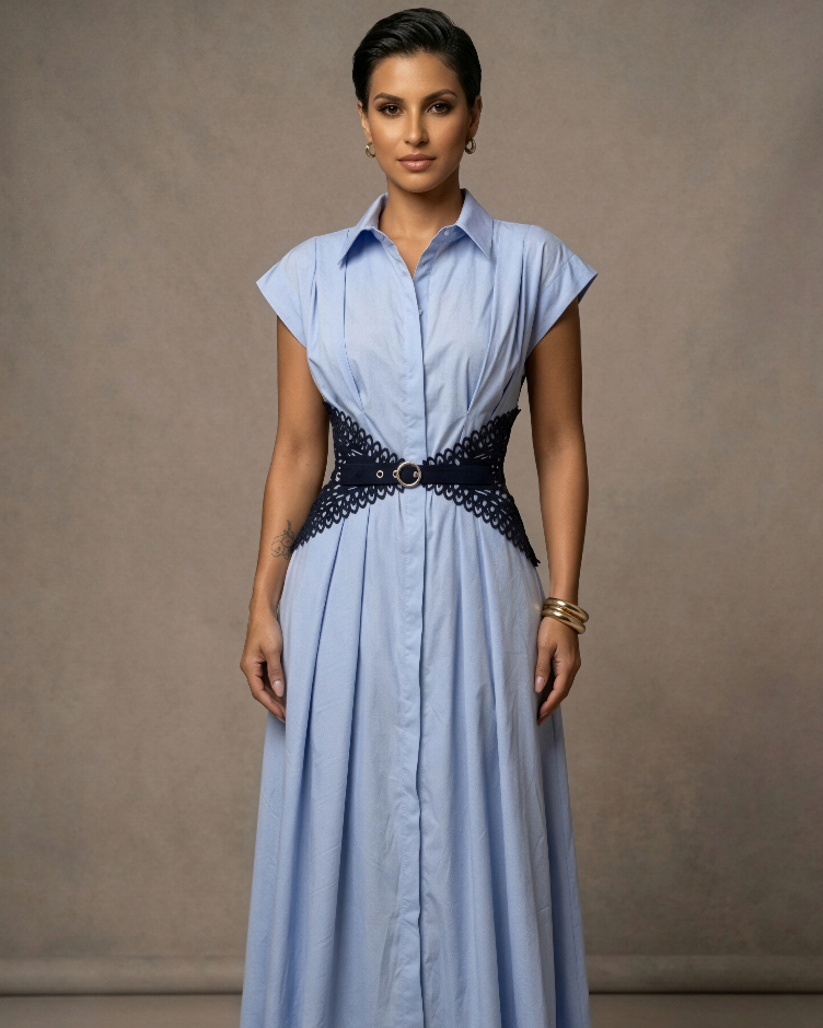 Monaco Bleu Shirt Maxi Dress – Sculpted Waist Corset Belt Dress