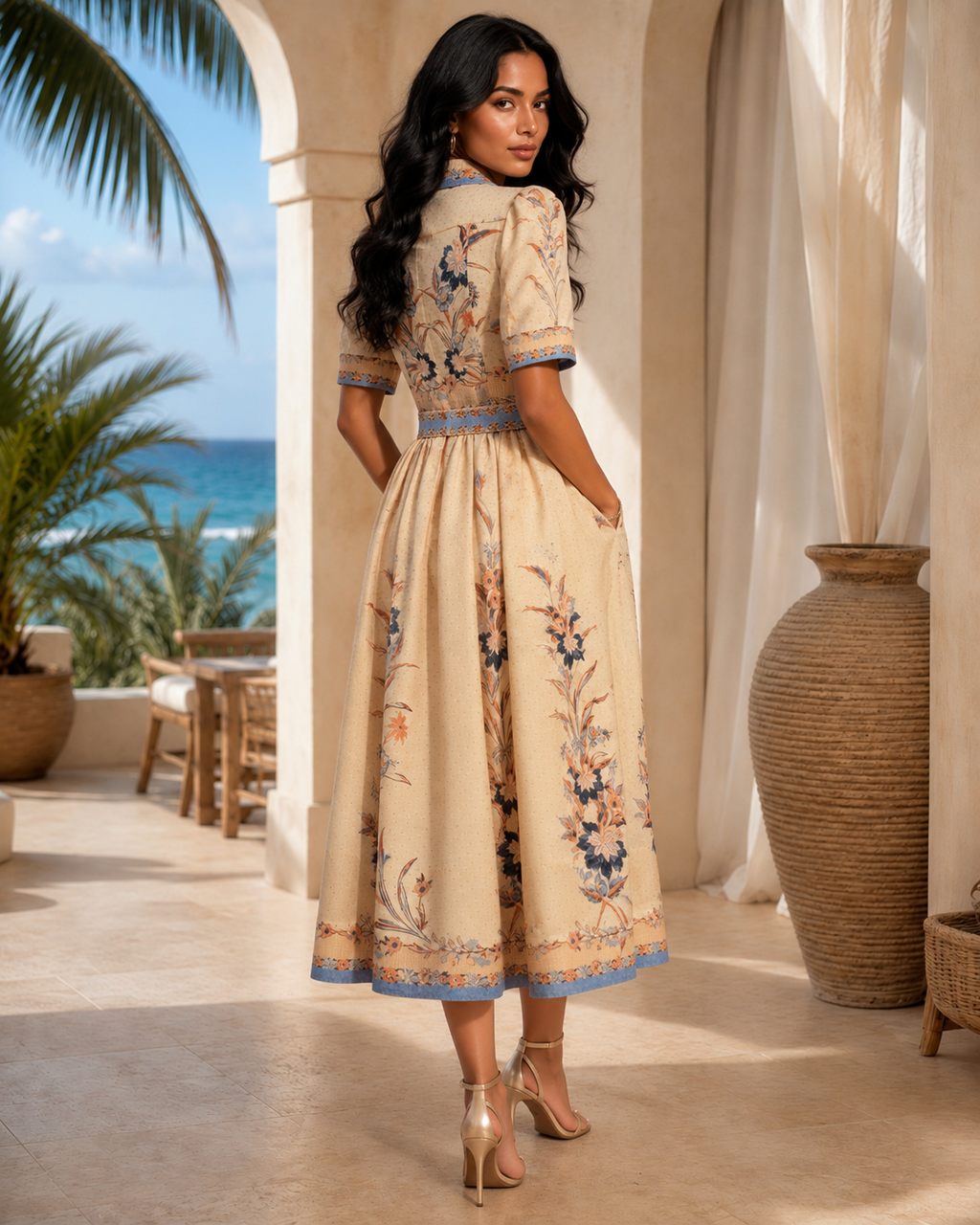 Vintage Style Printed Dress with Belt – Blue Beige Chic Midi Dress