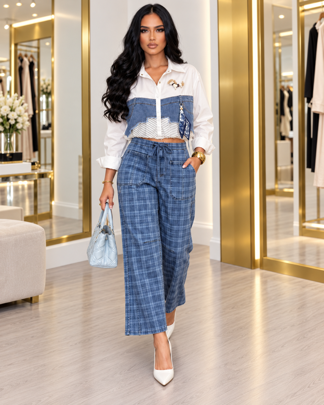 Denim Muse Plaid Wide Leg Jeans